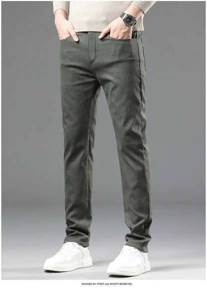 2024 Winter New Men's Warm Slim Fit Business Casual Fashion Thicken Trousers Fleece Stretch Brand Pants Black Grey Army Green