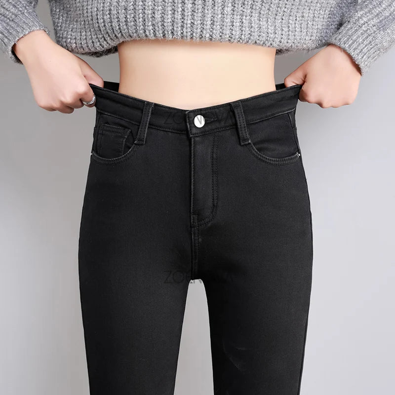 New Women Thick Velvet Jeans Fleece Warm Korean Fashion High Waist Skinny Elastic Pants Jean Casual Legging Winter 2023