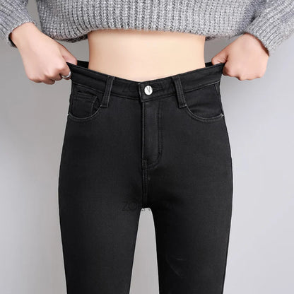 New Women Thick Velvet Jeans Fleece Warm Korean Fashion High Waist Skinny Elastic Pants Jean Casual Legging Winter 2023