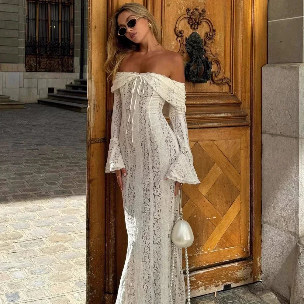 Elegant Off The Shoulder Bodycon Dress 2024 New in White Flare Sleeve Lace Maxi Dress Wedding Guest Dress for Women