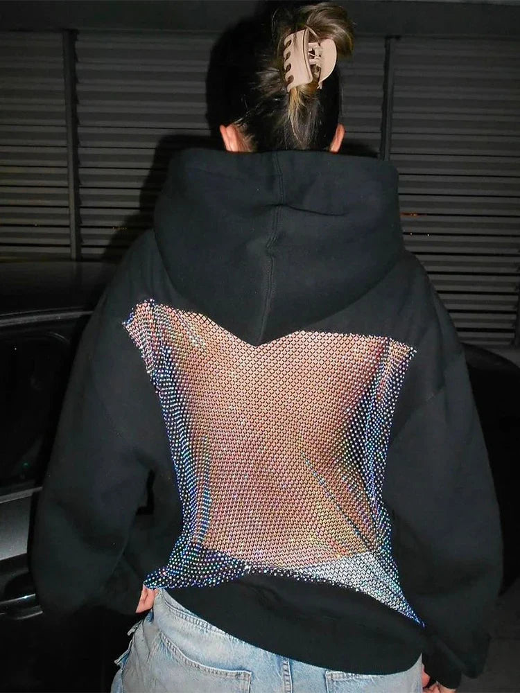Hooded Harajuku Sweatshirt Women Autumn Trend Backless ShinyThrea Mesh Patchwork Casual Street Hipster Pulloverr
