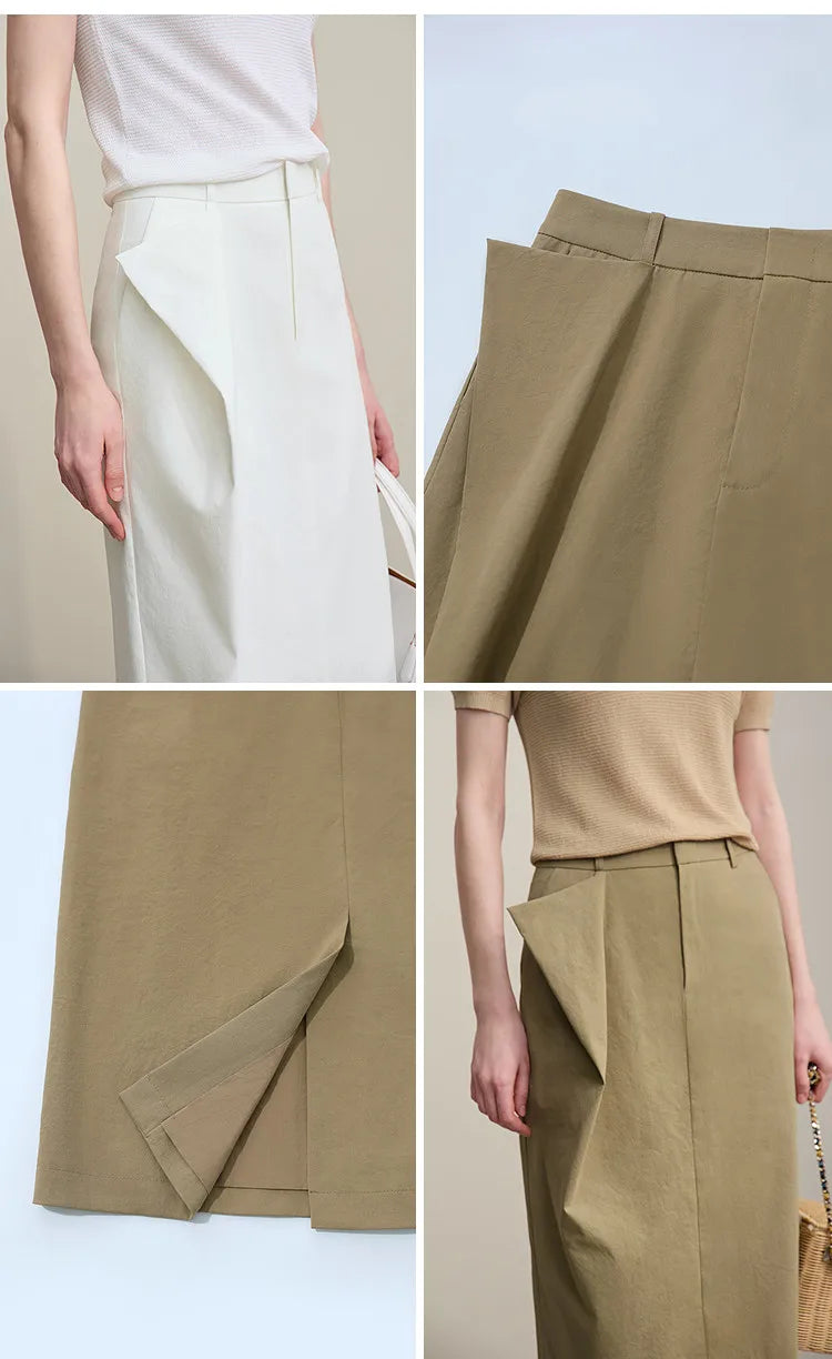 Women's Skirt 2026 Summer New Office Slit H-Line Midi Straight Casual Skirt Asymmetric Pleated Ladies Clothes 12642058
