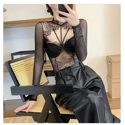 Sleek Fitted Bodice Sexy Lace See Through Long Sleeve Bodysuit Y2K Stretch Shirt Push Up Bra Padded Slim Top One-Pieces Lingerie
