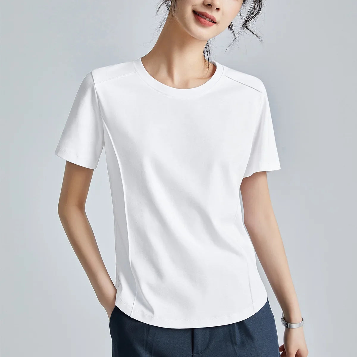 Summer Women's White Mercerized Cotton T-Shirt | 3D Stitching Round Neck Basic Top | Plus Size Slim Fit Layered Casual Blouse