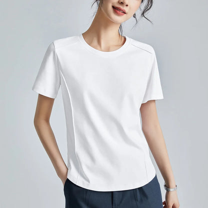 Summer Women's White Mercerized Cotton T-Shirt | 3D Stitching Round Neck Basic Top | Plus Size Slim Fit Layered Casual Blouse