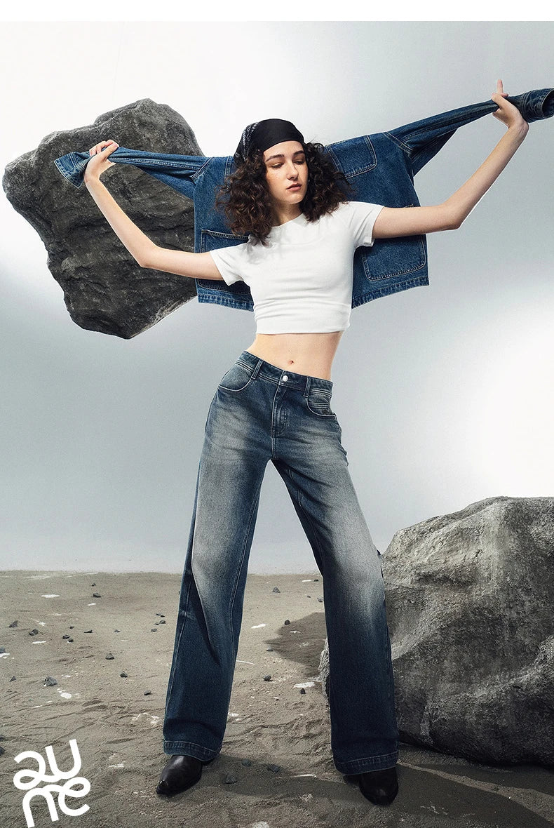 Women Denim Jeans 2025 Autumn New Lycra Stretch Washed Wide Leg Straight Long Pants