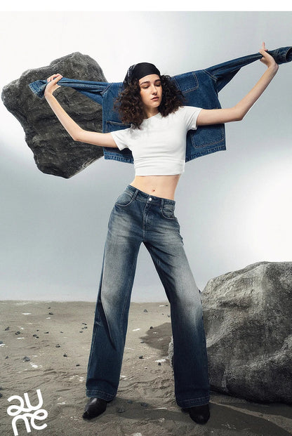 Women Denim Jeans 2025 Autumn New Lycra Stretch Washed Wide Leg Straight Long Pants