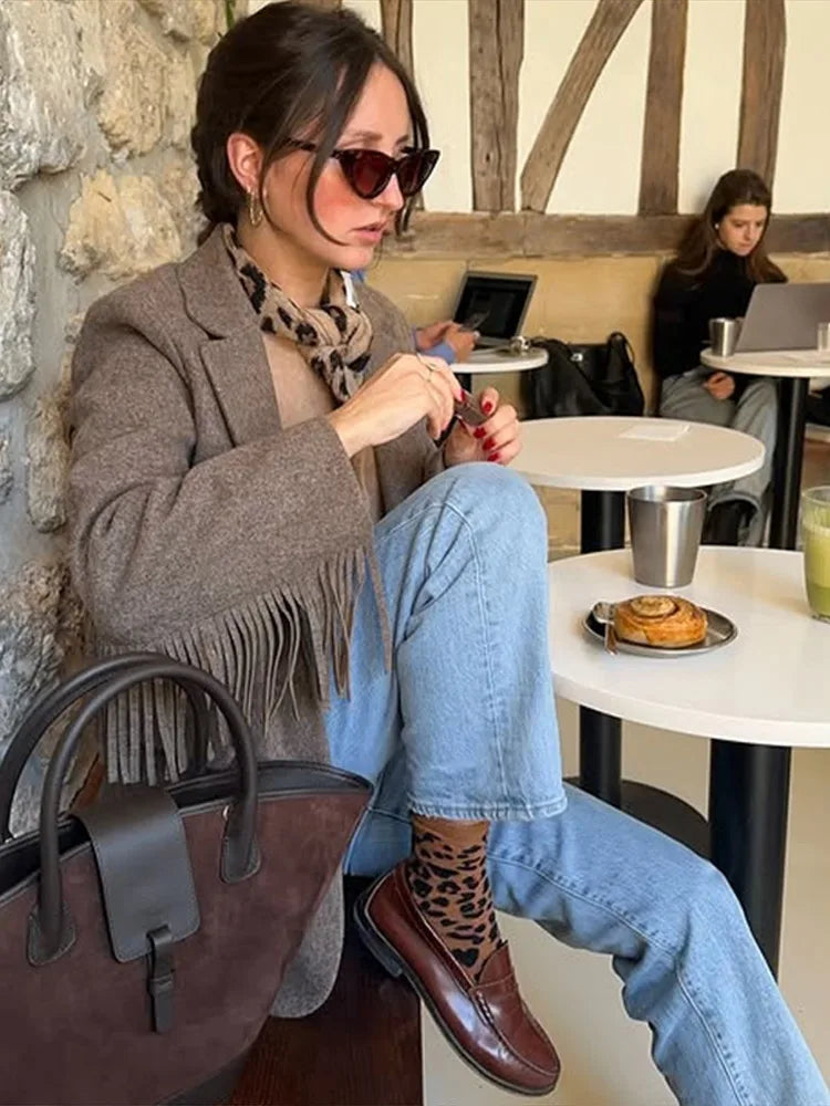 Tassels Woolen Suit Jacket Women Elegant Turn-down Collar Long Sleeve Single Breasted Pocket Autumn Winter Coats New Outerwears