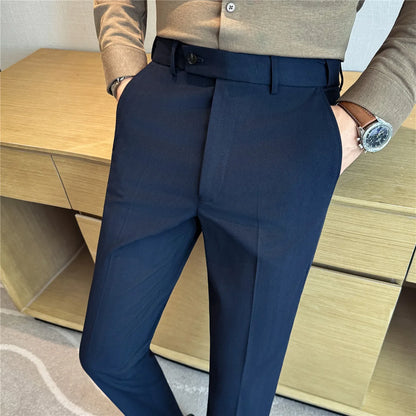 Autumn Winter Thicken Elastic Waist Casual Suit Pants High Quality Men Woven Dark Striped Slim Fit Office Social Dress Trousers