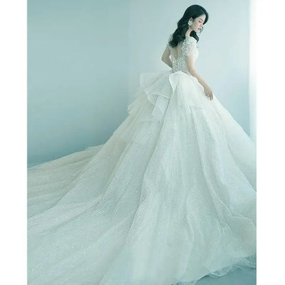 Luxury Short Sleeve Wedding Dress 2026 New Bridal Dress V Neck Beading Shinning Ball Gown Sweep Train Vestido  Noiva Customized