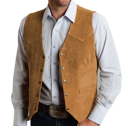 Men Vest Gold Suede Leather Gentleman Business Waistcoat Vintage Western Cowboy Regular Slim Business Banquet Men Suit Vest