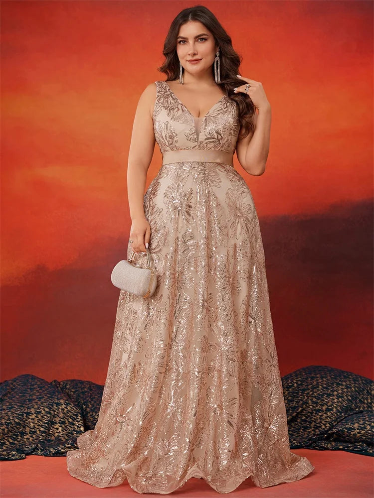 Plus Size Luxury Deep V-Neck Sequins Blue Evening Dress Women Elegant V-back Wedding Party Long Prom Cocktail Dresses