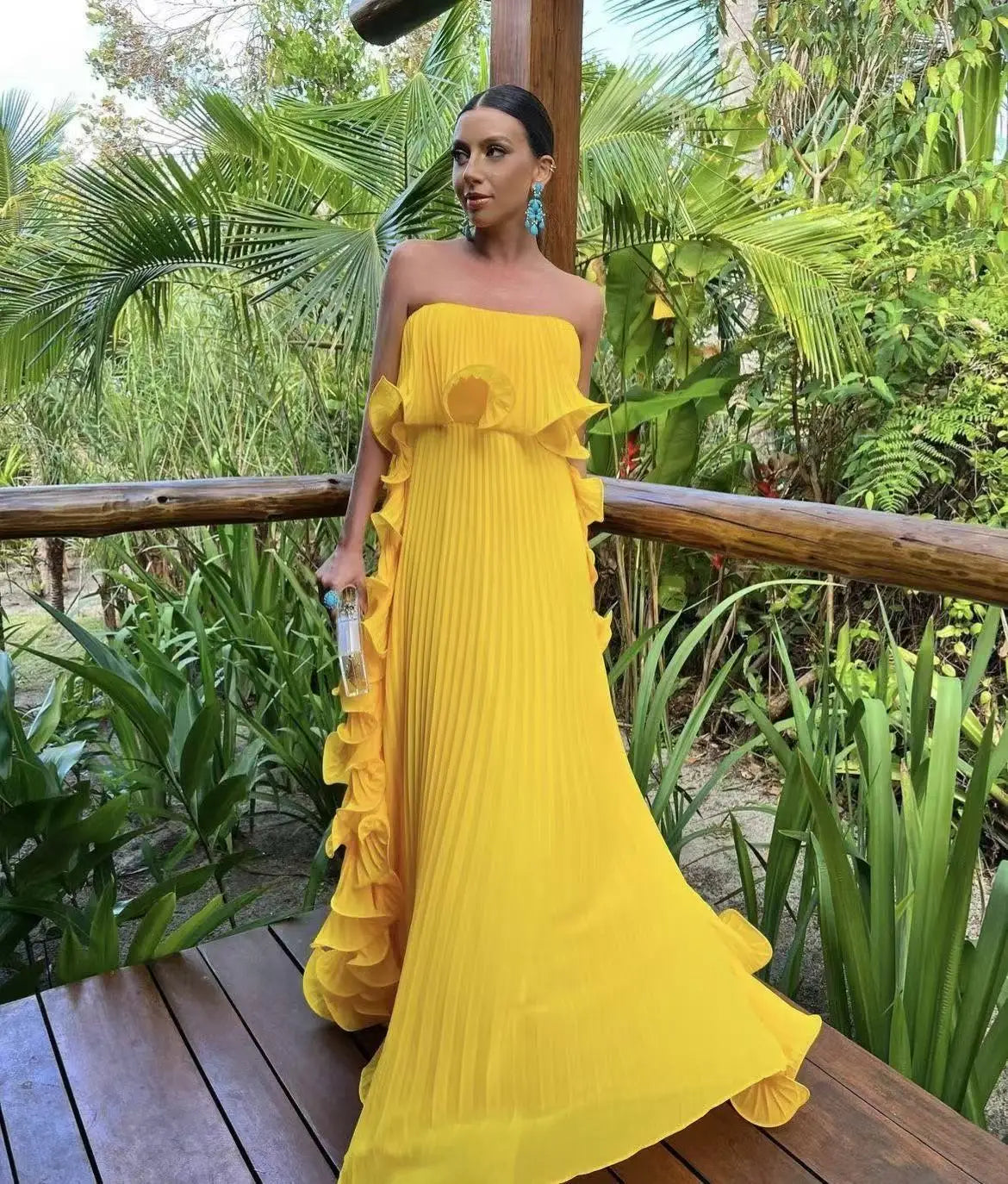 Trendy Women Summer Holiday Dress Orange Pleated Chiffon Long Formal Dresses Custom Made Ruffled Strapless Beach Party Dress