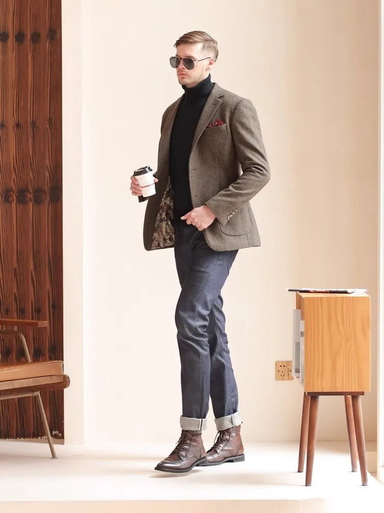 Autumn and Winter Thickeneded Retro Coarse Woolen Suit Business Casual British Style Herringbone Pattern Suit Jacket for Men