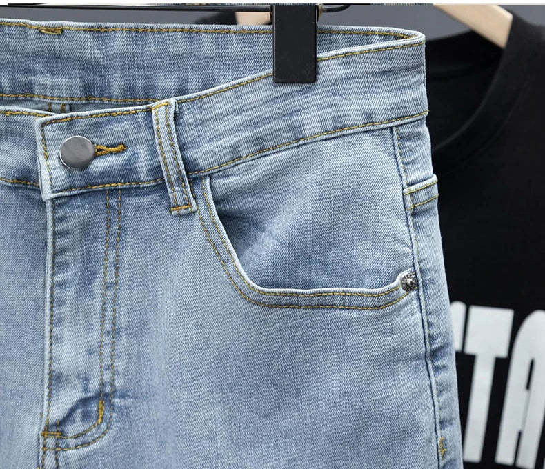 New Men's Little Feet Skinny Jeans Light Blue Spring Summer Thin Elastic Denim Pants Classic Korean Washed Cowboy Trousers