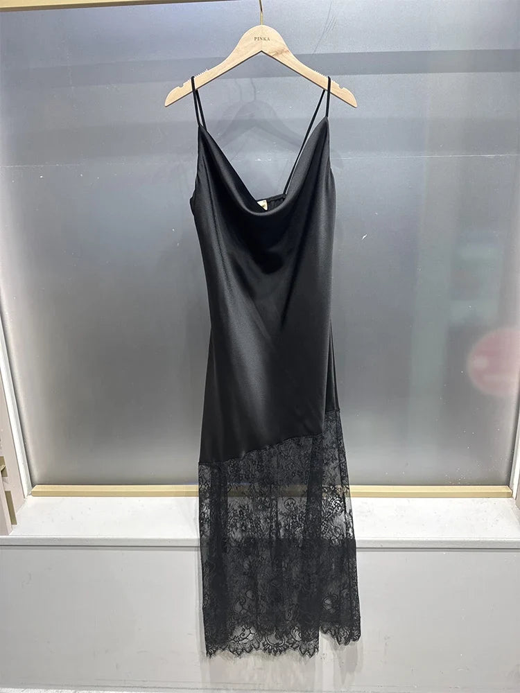 Trendix Hollow Out Lace Dress Women 2025 Winter Sexy V Neck Sleeveless Spaghetti Strap Dresses Party Club Elegant Evening Dress