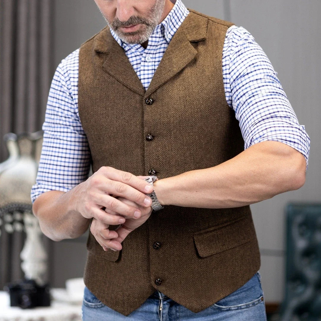Men Vest Brown Herringbone Single Button With Lapel Waistcoat For Wedding Banquet Party Business Work Daily Casual Men Suit Vest