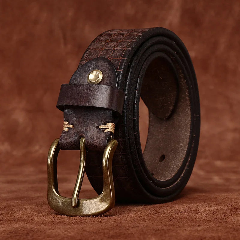 3.8CM High Quality Pure Cowhide Genuine Leather Men's Brass Buckle 5.5mm Thick Belts Retro Jeans Waistband Male Belts for Men