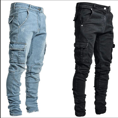 Mens Stretchy Skinny Ripped Jeans Men Side Pocket Washed Slim Denim Pants Biker Jeans Fashion Sweatpants Hip Hop Trousers Jogger