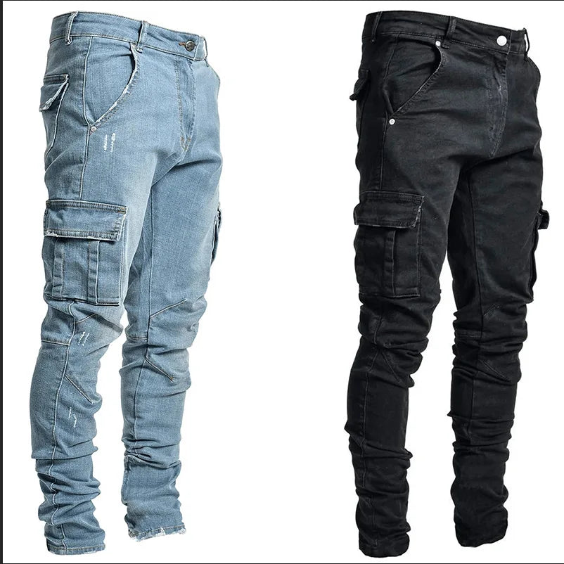 2025 New Fashionable men's denim work pants street style black gray multi pocket jeans American casual multi pocket jeans