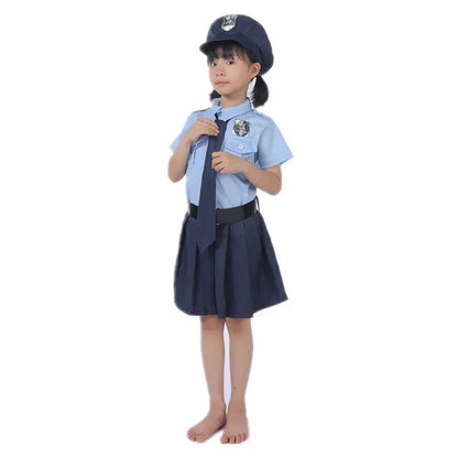 Girls Police Officer Work Uniform Halloween Role Play Button Costume Police Toy Accessory with Walkie Talkie Whistle Baton Gift