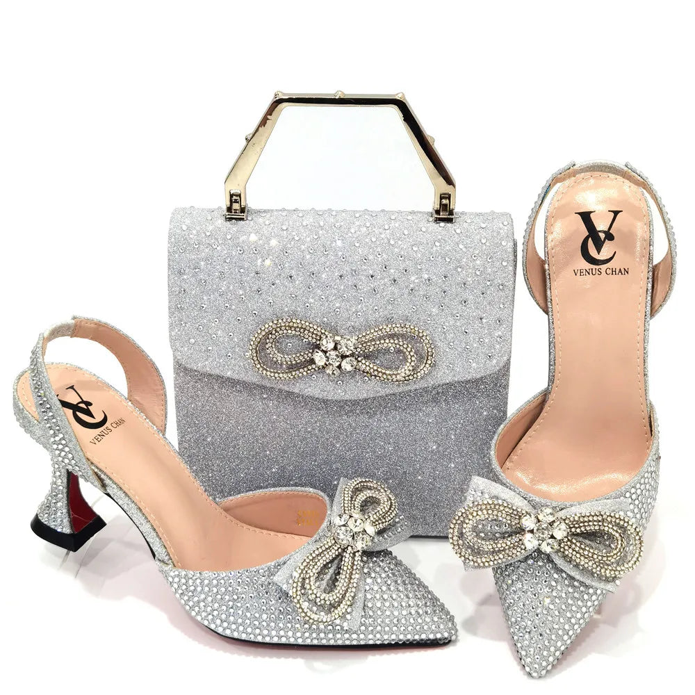The Latest INS Style Rhinestone Bow Side Empty Party High Heels Pointed Toe Stiletto Heels Silver Women's Shoes And Bags