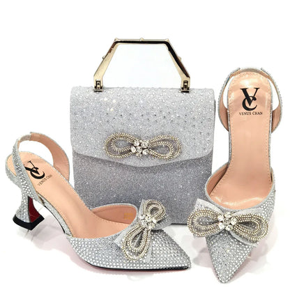 The Latest INS Style Rhinestone Bow Side Empty Party High Heels Pointed Toe Stiletto Heels Silver Women's Shoes And Bags