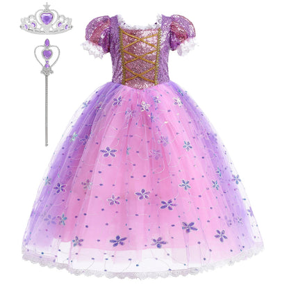 Girl Rapunzel Dress Kids Carnival Princess Costume Children Luxury Print Ball Gown Lace Sequin Gradient Fluffy Frocks