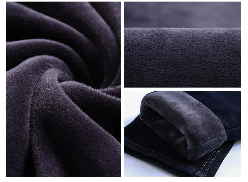 New Men's Fleece Warm Jeans Winter Thicken Plush Velvet Business Office Denim Trousers Brand Clothing Stretch Casual Male Pants