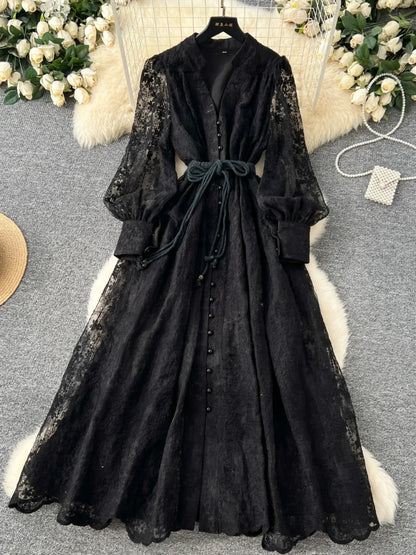 High-End Women's Dress Heavy Embroidery A-Line Long Skirt V-Neck Lantern Sleeve Single Button High Waist Korean Style Commute