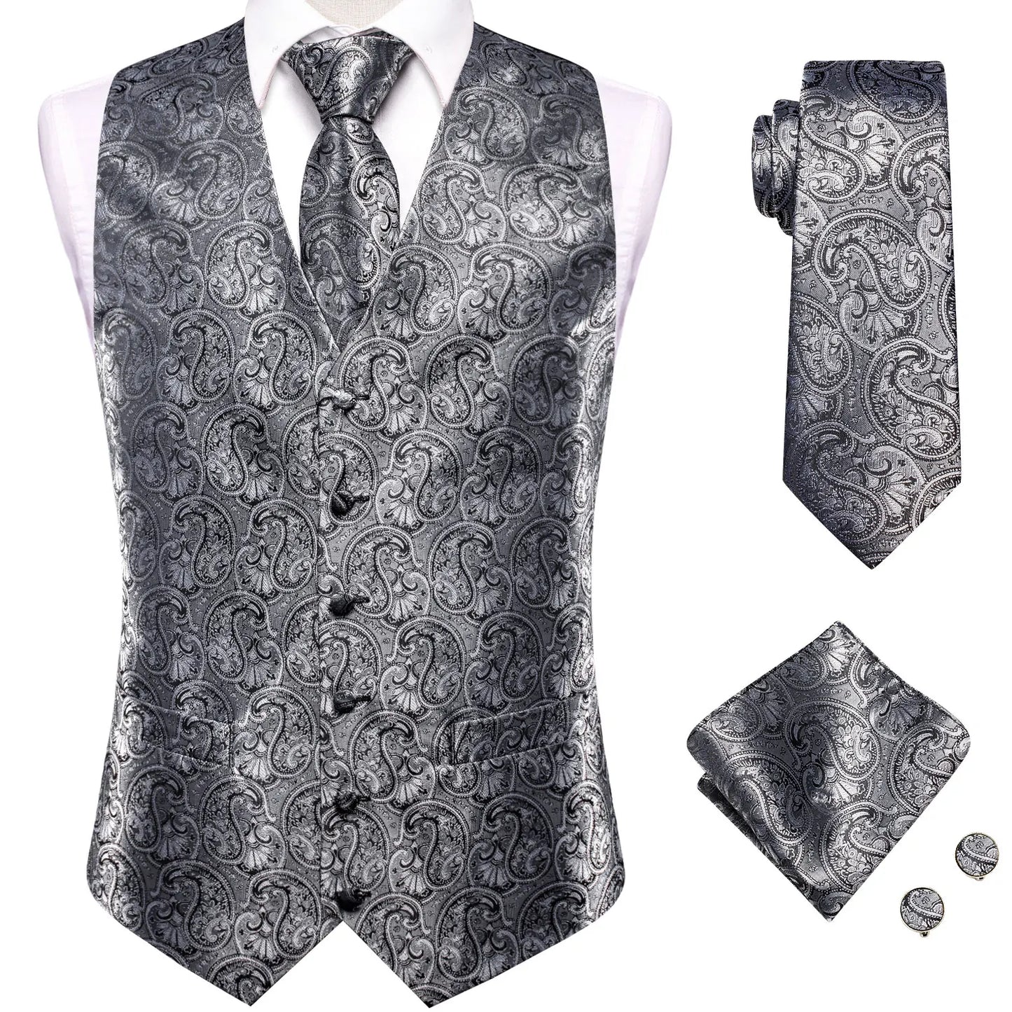 Silk Mens Vests Sleeveless Waist Jacket Jacquard Black Orange Floral Waistcoat Tie Hanky Cufflinks Set for Men Casual XXL