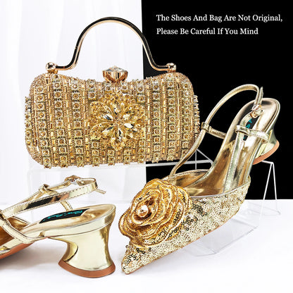 Nigerian Gold Color Party for Women Shoes and Bag Mixed Package Sequins Handbag Italian Design Wedding