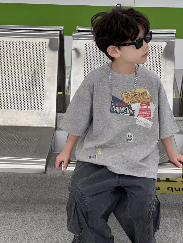 2026 Summer New Vintage Korean Boys T-Shirt Crew Neck Kids Tweens Casual Stylish Breathable Cotton Top