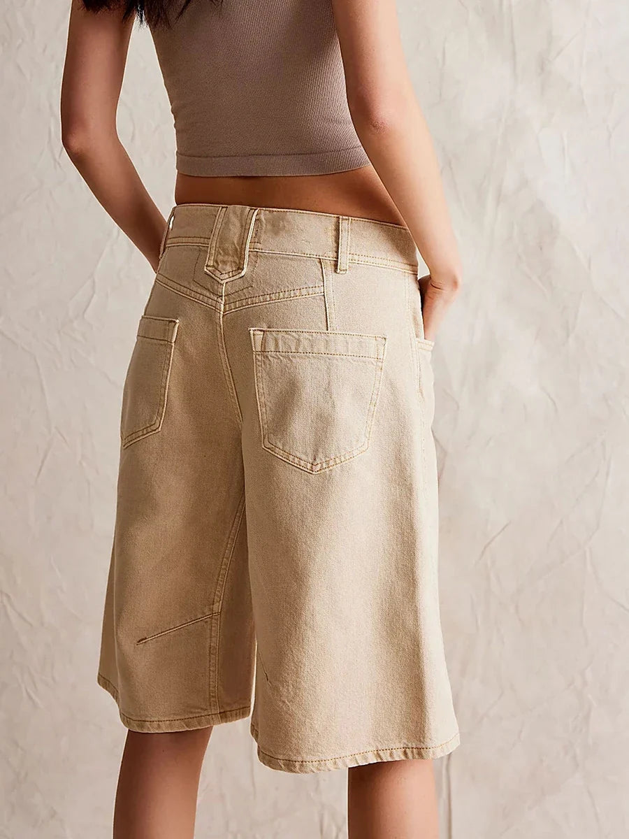 New Womens Knee Length Denim Shorts Solid Color Low Waist Wide Leg Jean Shorts For Summer Club Street Style S-2XL