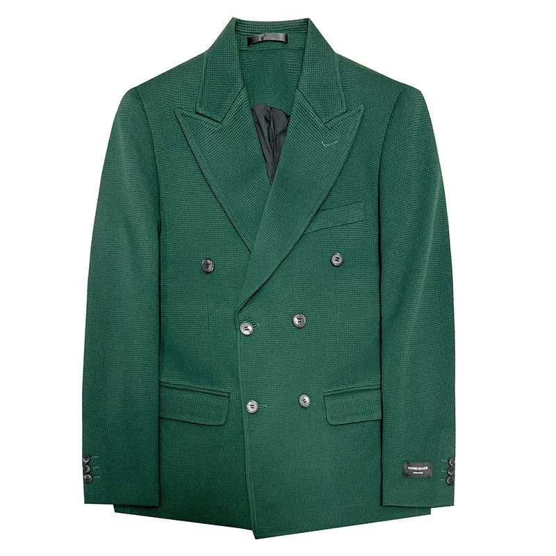 2025 Spring New Men's Waffle Double Breasted Suit Jacket High Quality Business Slim Fit Blazers Groom Social Party Dress Coats