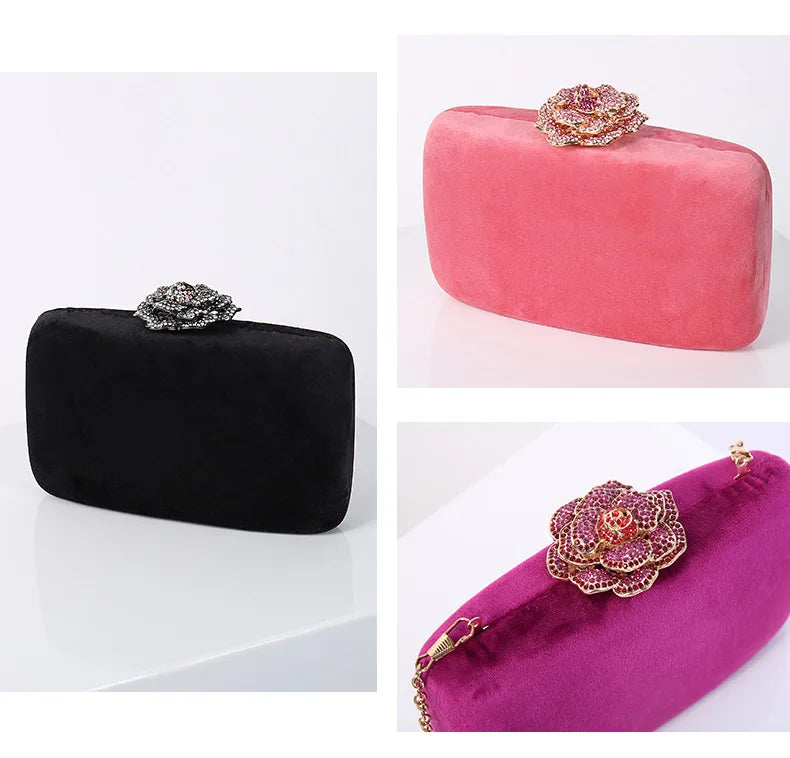 Diamonds Flower Velvet Evening Bag Women New Elegant Chain Banquet Dress Clutch Bag Ladies Wedding Dinner Party Box Small Purses