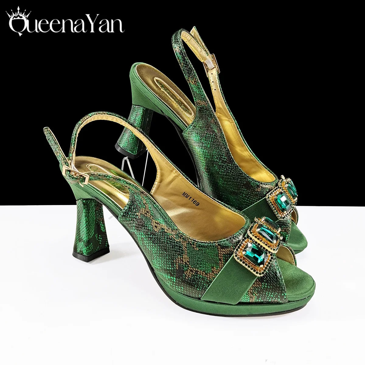 2025 Elegant Green Peep-Toe Women Heel Pumps for Italian Matching Party Shoes and Bags Set for Parties with Diamond Accents