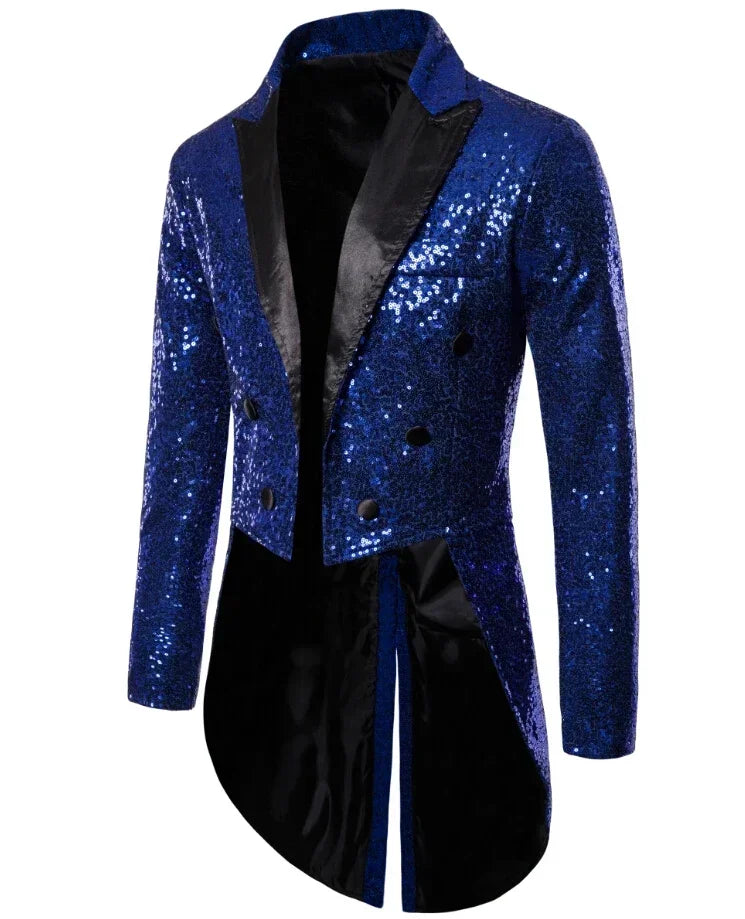 Shiny Gold Sequins Glitter Tailcoat Suit Jacket Male Double Breasted Wedding Groom Tuxedo Blazer Men Party Stage Prom Costume