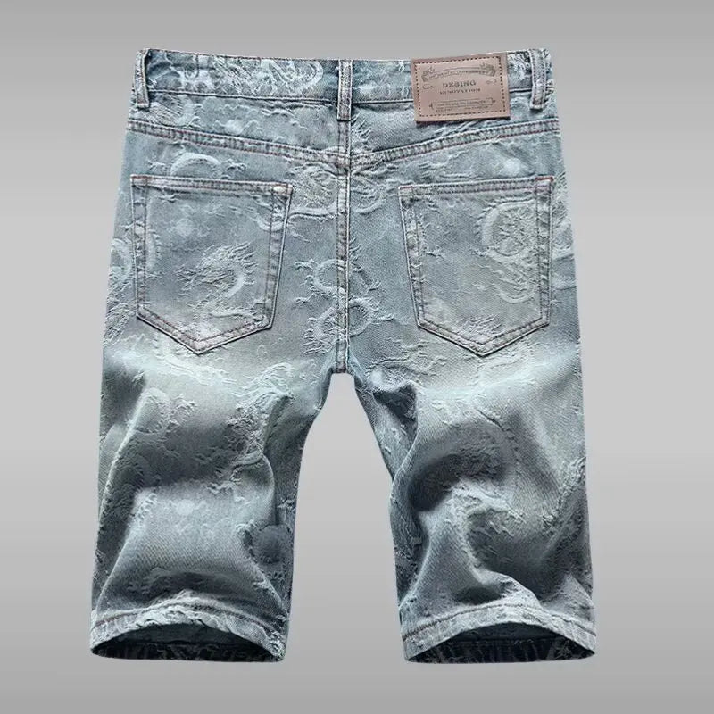 Men's Denim Shorts Overalls Chinese Loong Printed Simple Pants Blue Shorts Spring and Summer