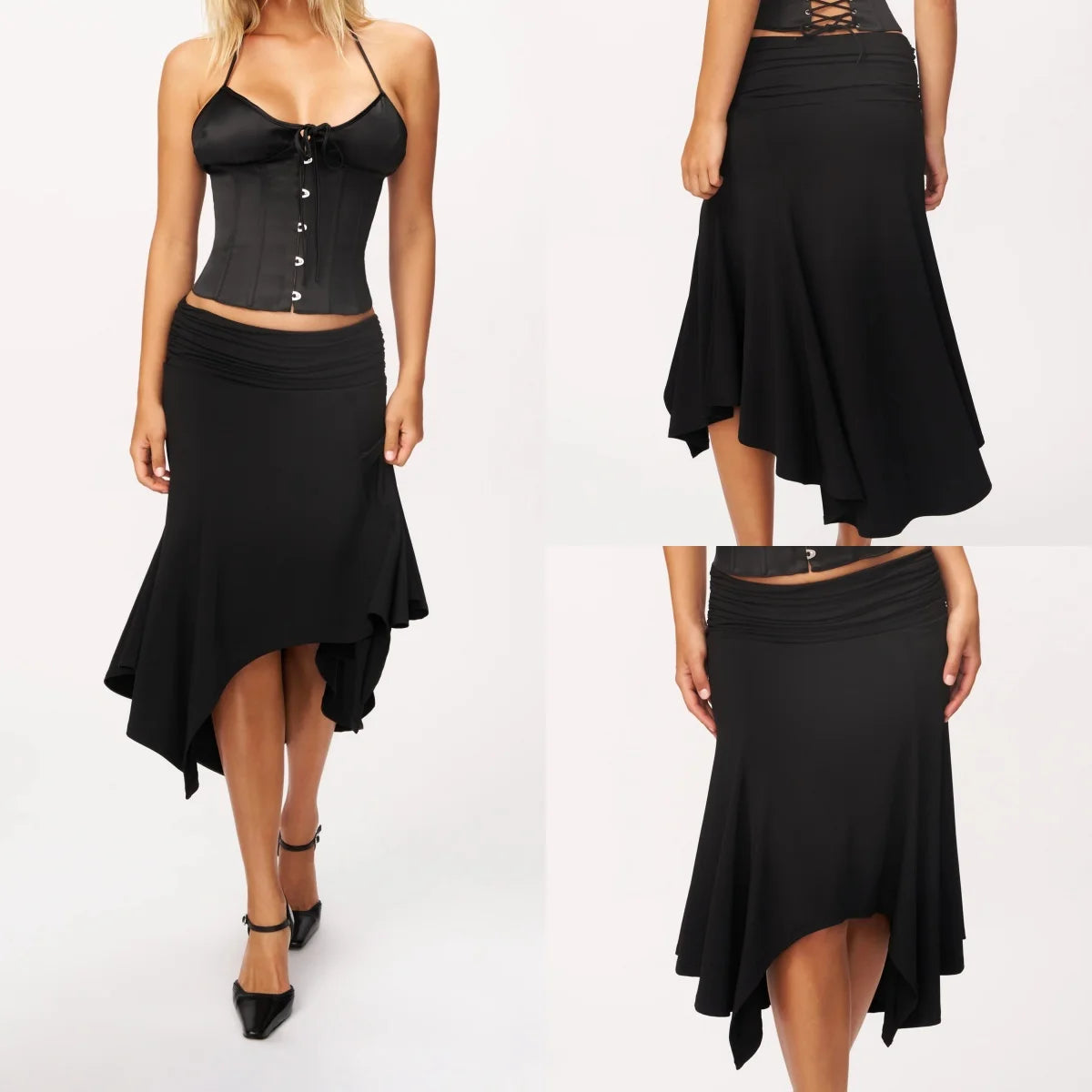 Guz Low-Waist Pleated Irregular Fishtail Skirt, Vintage Drapey Elastic Mid-Length Asymmetrical Hem Sexy Skirt, Pleated Irregular Mid-Length Skirt, Slimming Large Hem Fishtail Skirt, Black Drapey Skirt