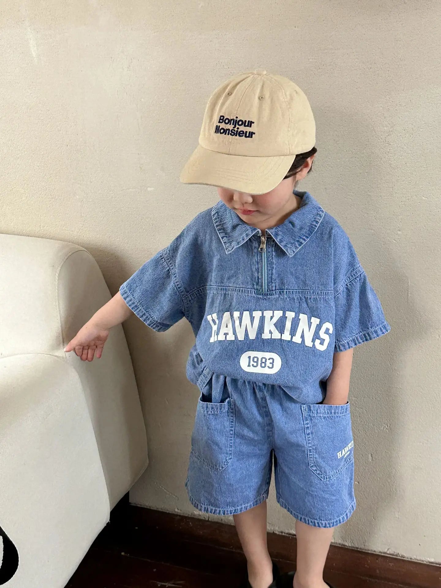 Summer Baby Girls Boys Cotton Alphabet Half Zip Denim T-Shirt Tops+Shorts Pant School Kids Tracksuit Child 2PCS Outfit 1-12Years
