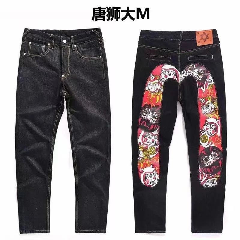 Men's Japanese Handmade Embroidered Jeans Pure Cotton Straight Tube Hip-Hop Popular Slim Red Ears Show Thin Trousers Devil Black