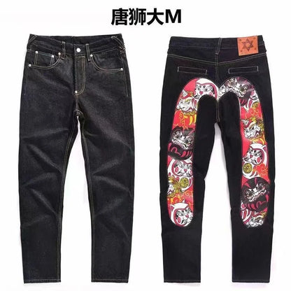 Men's Japanese Handmade Embroidered Jeans Pure Cotton Straight Tube Hip-Hop Popular Slim Red Ears Show Thin Trousers Devil Black