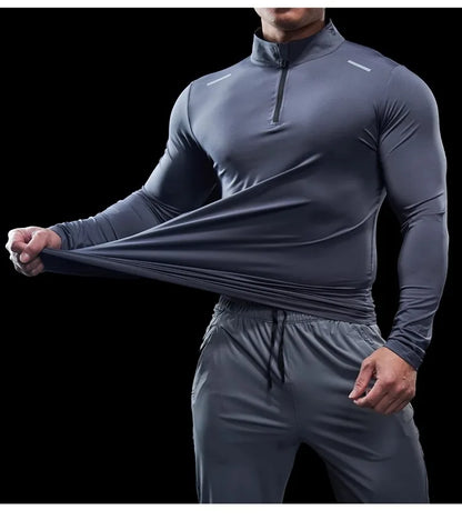 Men Stand Collar Zipper T-shirt Gym Running Training Fitness Bodybuilding Sport Top Quality Elastic Long Sleeve Tight Tops Tees