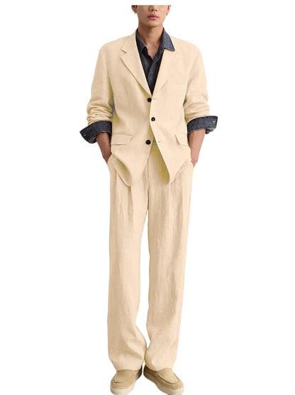 Men's Linen 2 Piece Set Notched Lapel Loose Fit Blazer Wide Leg Trousers Lightweight Breathable Spring Business Casual DailyWear