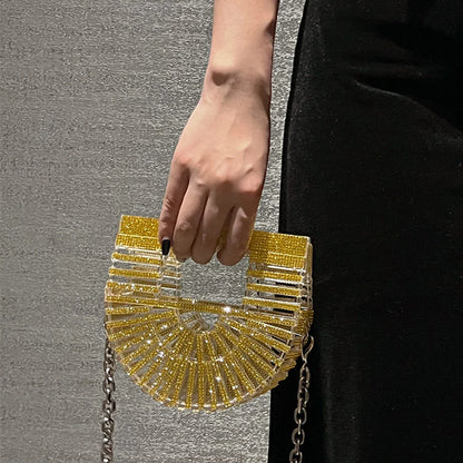 Women's Half-Moon Evening Bag Luxury Designer Rhinestone clutch bag Fan Shape Golden Party Bag Mini Sparkling Wedding Purse