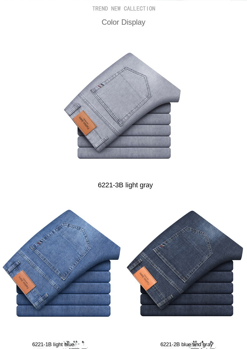 2024 Brand Thin or Thick Material Straight Cotton Stretch Denim Men's  Business Casual High Waist Light Grey Blue Jeans