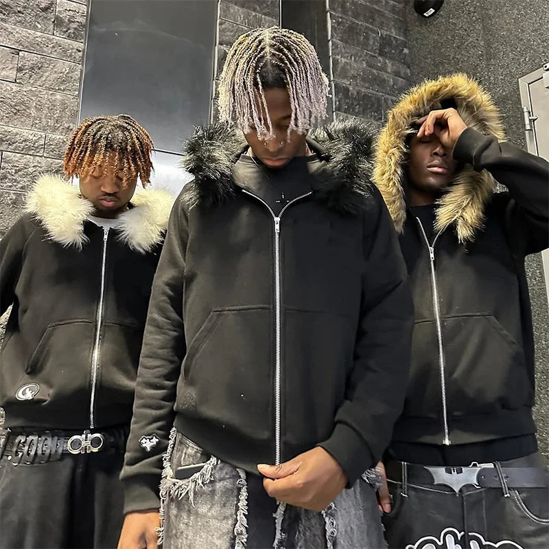 2025 Autumn/Winter New Y2k Sweatshirts Harajuku Artificial Fur Collar Hoodie Clothing Pattern Hip Hop Punk Gothic Zipper Hoodie