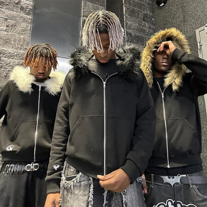 2025 Autumn/Winter New Y2k Sweatshirts Harajuku Artificial Fur Collar Hoodie Clothing Pattern Hip Hop Punk Gothic Zipper Hoodie