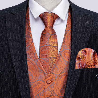 Men's Fashion Orange Paisley V-Collar Vest Waistcoat With Hankerchief Cufflinks Fit Wedding Party Gift Daily Banquent